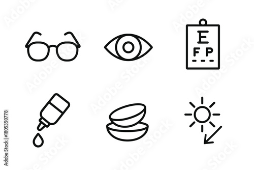Vision care icons: glasses, eye, chart, drops, contacts, sun protection