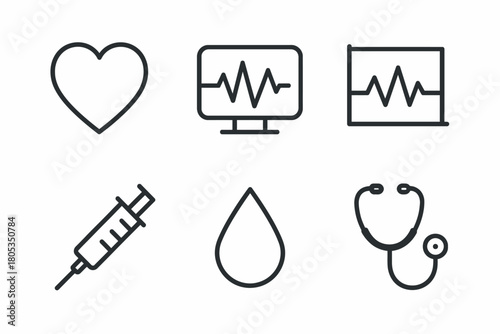 Medical icons: heart, monitor, syringe, blood drop, stethoscope in minimal design