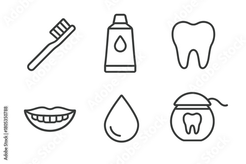 Dental care icon set: toothbrush, toothpaste, tooth, smile, water drop, dental floss