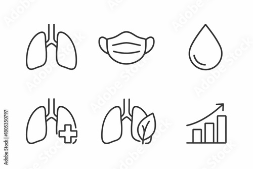 Respiratory health icons: lungs, mask, water drop, medical, eco-friendly