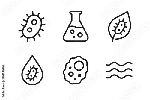 Bacteria and science icons: microorganisms, lab flask, leaf, water, and cells