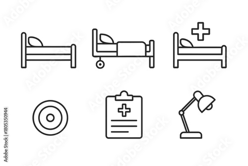Hospital room set: bed, equipment, medical icons in line art style