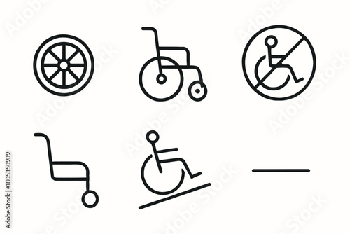 Minimalist wheelchair icons set with accessibility symbols