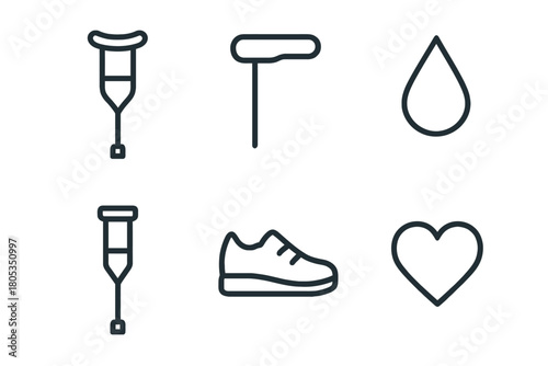 Healthcare and fitness icons: crutch, cane, water drop, shoe, heart