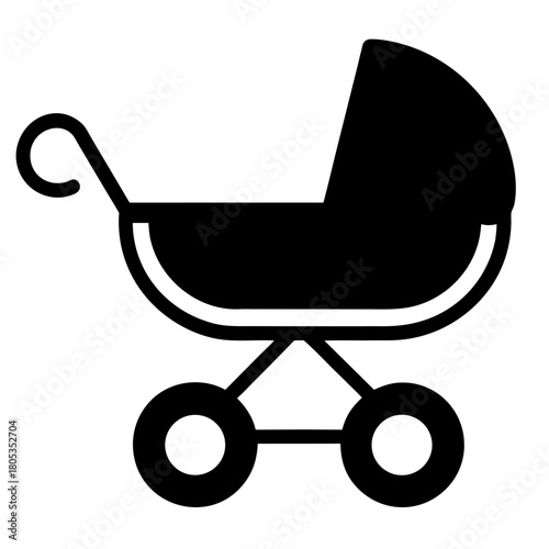 Simple black silhouette of a baby stroller icon on transparent background