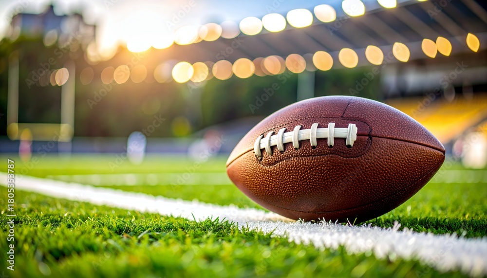 Obraz premium Close-up of American football on green grass field, realistic photo style, with a blurred stadium and sunset background. Concept of sports, competition, and teamwork
