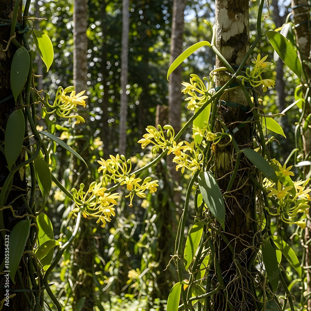 Fototapeta premium Yellow Vanilla Flowers in Tropical Forest