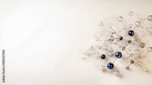 A complex network of interconnected spheres, some dark blue and others clear, arranged in an abstract molecular pattern on a plain, light-colored surface.