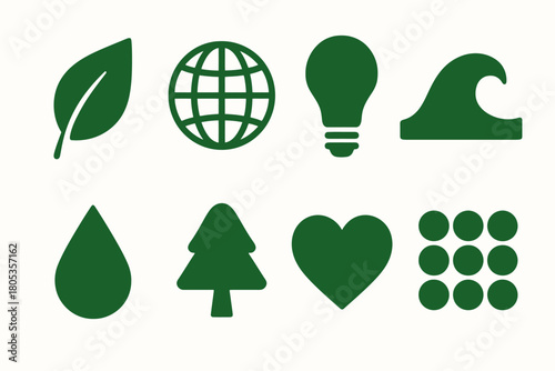 Set of eco-friendly icons: leaf, globe, lightbulb, wave, water drop, tree, heart, dots