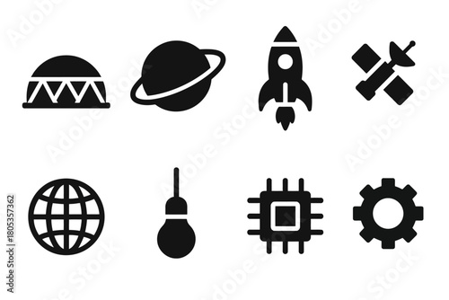 Space and technology icons: planet, rocket, satellite, globe, gear, microchip