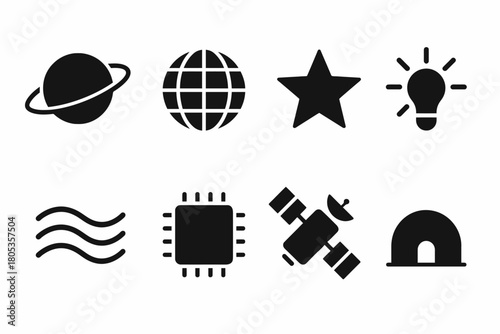 Black icon set: planet, globe, star, lightbulb, waves, microchip, satellite, observatory