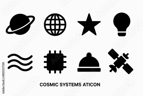 Space technology icons set: planet, globe, star, lightbulb, waves, chip, beanie, satellite