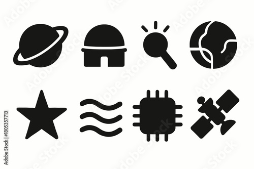 Minimalist black silhouette icons of space, nature, and technology