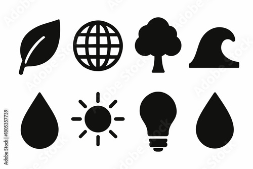 Eco-friendly icons set: leaf, globe, tree, wave, water, sun, bulb