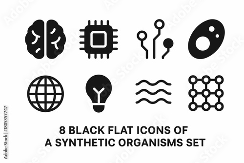 Black flat icons of synthetic organisms: brain, microchip, circuit, and more