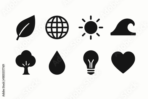 Set of ecological icons: leaf, globe, sun, wave, tree, water drop, lightbulb, heart