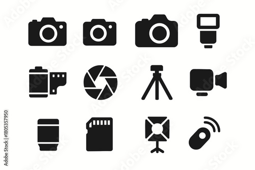 Icon set of camera equipment: cameras, lenses, tripod, memory card, flash, remote, film roll