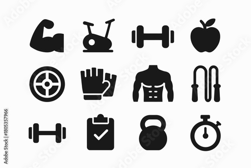 Fitness and exercise icon set: equipment, nutrition, workout gear, and training tools