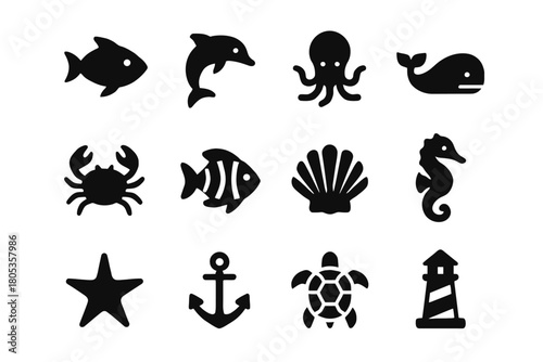 Marine icons set: fish, dolphin, octopus, whale, and more nautical symbols