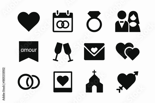 Romantic love and wedding icons set with hearts, rings, and symbols