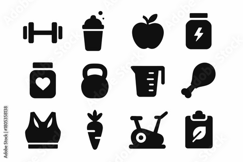 Fitness and nutrition icons: barbell, protein shake, apple, energy drink, heart jar, kettlebell, measuring cup, chicken leg