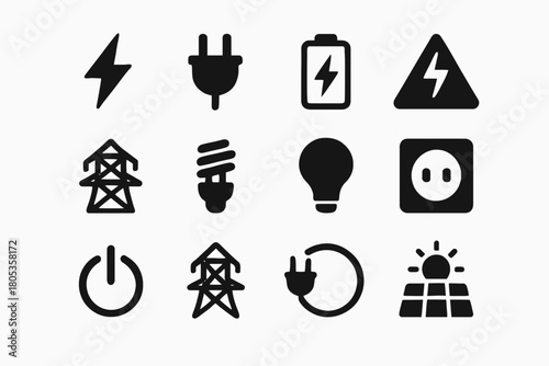 Electricity and energy icons: power, plug, battery, light, solar, outlet symbols