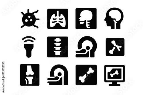 Medical imaging icons: virus, lungs, x-ray, ultrasound, mri, bone