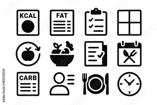 Nutrition and meal planning icons: calories, fat, and carb tracking symbols