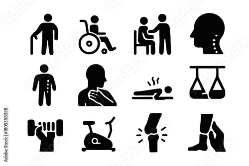 Diverse physical therapy and rehabilitation concepts illustrated in icons