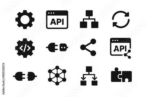 Set of black api and network connection icons on white background
