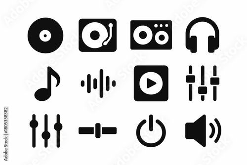 Black audio and music icon set featuring headphones, dj equipment, and controls