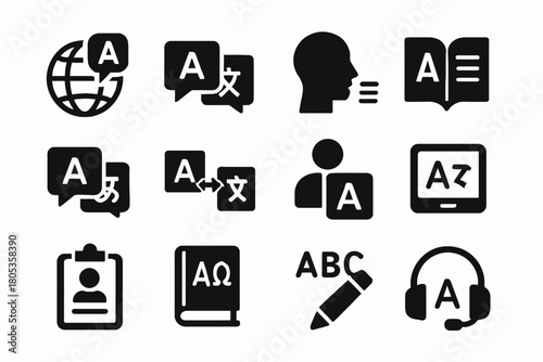Language translation icons: global communication and multilingual tools