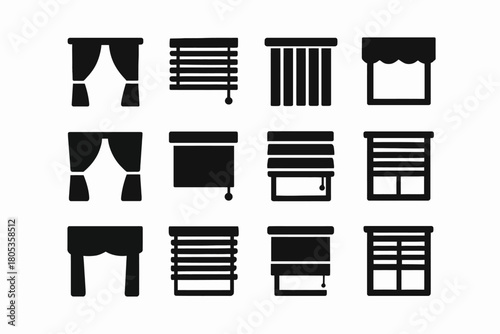 Collection of various curtain and blind icons in black silhouettes