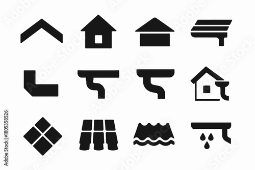 Silhouette icons of roofs gutters and water drainage elements
