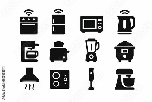 Smart kitchen appliance icons set featuring modern cooking tools