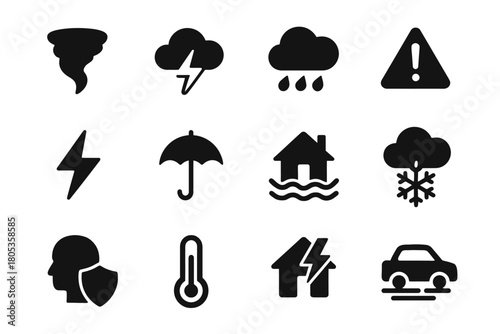 Weather warning icons: tornado, storm, rain, hazard, flood, snowflake, temperature