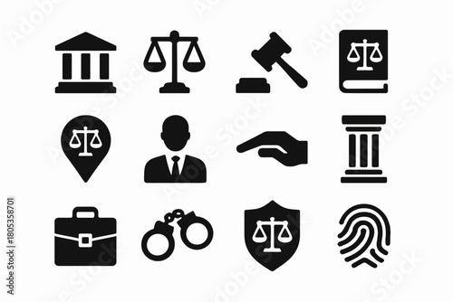 Law and justice icons including scales, gavel, and briefcase