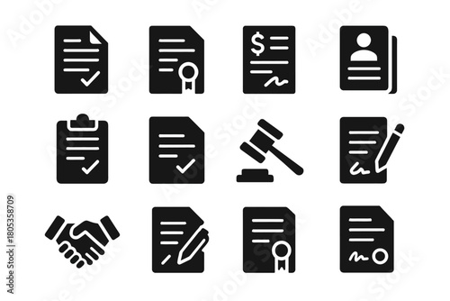 Legal and contract icons set: documents, gavel, handshake, seal