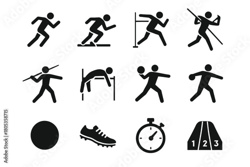 Athletic icons: running, jumping, throwing, sports equipment, stopwatch, track