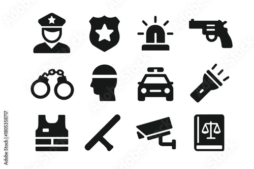 Police icon set: officer, badge, siren, handcuffs, patrol car, flashlight, vest, cctv