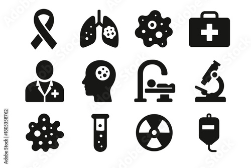 Cancer awareness icons: ribbon, lungs, cells, microscope, medical equipment