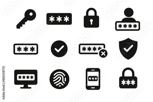 Security icons set featuring keys, locks, passwords, fingerprint, and checkmarks