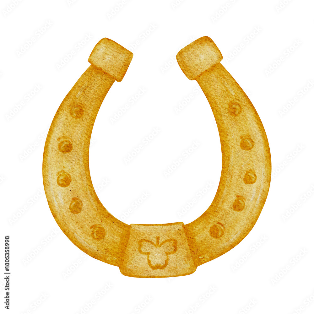 Fototapeta premium Watercolor Patrick's Day golden lucky horseshoe. hand drawn illustration. Perfect for St Patrick's Day, games, treasure themes, prints, stickers, greeting cards, scrapbooking, decor