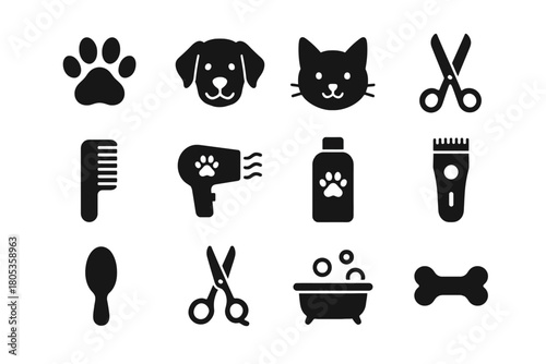 Pet grooming icons: dog, cat, accessories, tools, bath, and care symbols