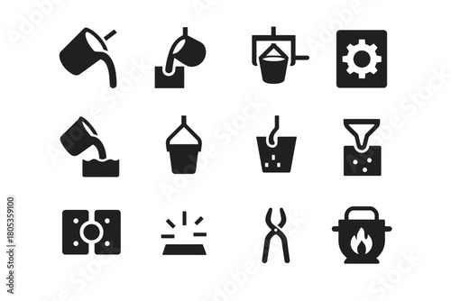 Black and white metal casting process and tool icons set