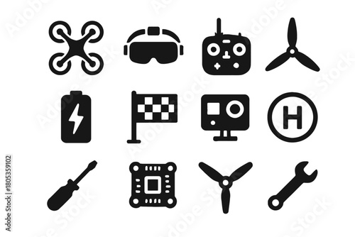 Drone accessories icons: battery, propeller, goggles, controller, toolbox