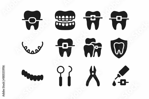 Dental icons set featuring braces, teeth, and dental tools