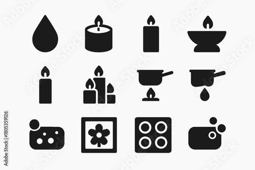 Silhouette icons of kitchenware and candles on white background