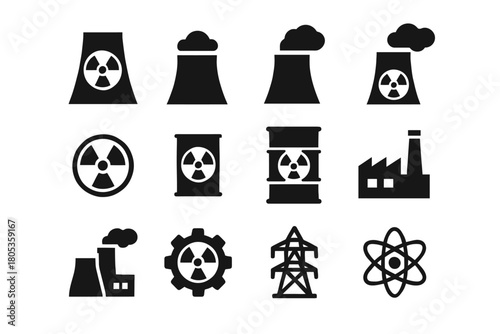 Nuclear energy icons: power plants, radiation symbols, and atomic imagery