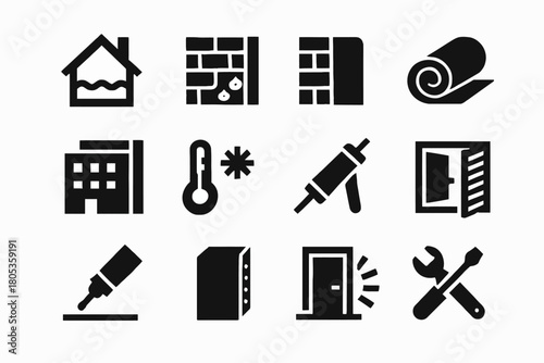 Home construction and renovation icons: tools, materials, and building elements